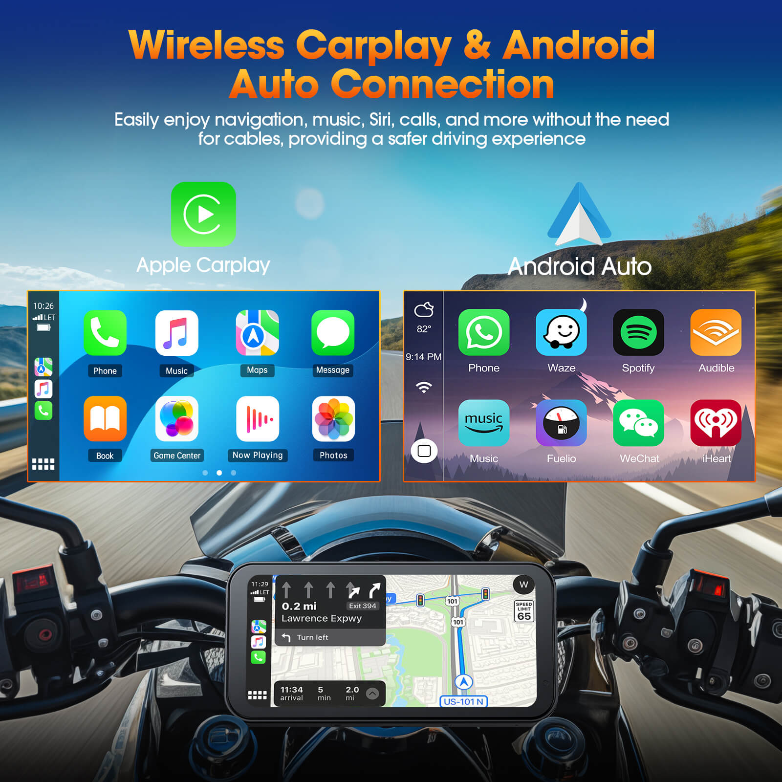 Carplay DVR Motorcycle Stereo Wireless Car Radio Carplay Touchscreen