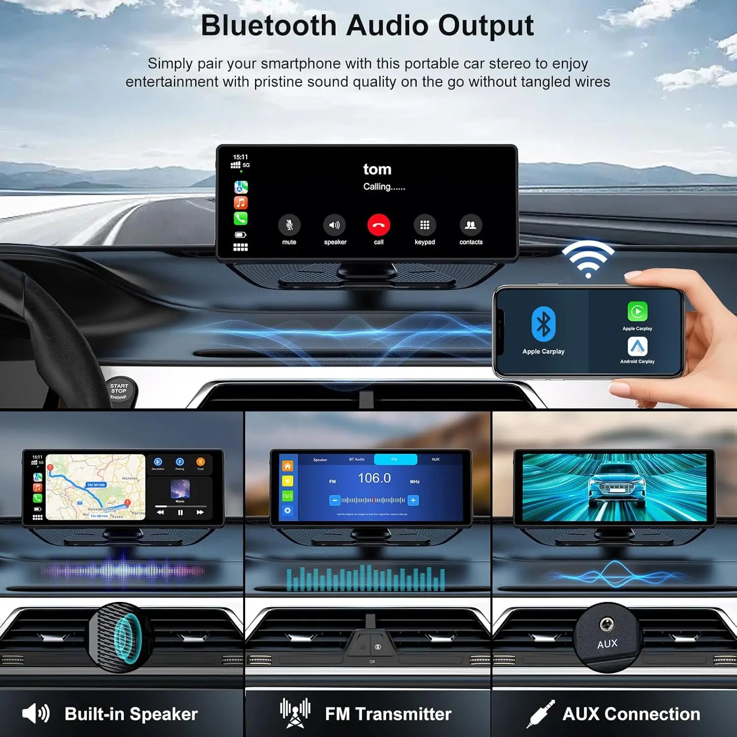 10.26 inch Carplay Screen 2.5D IPS Full Touch Support Wireless Apple carplay and Android Auto with dash cam and 2k backup camera