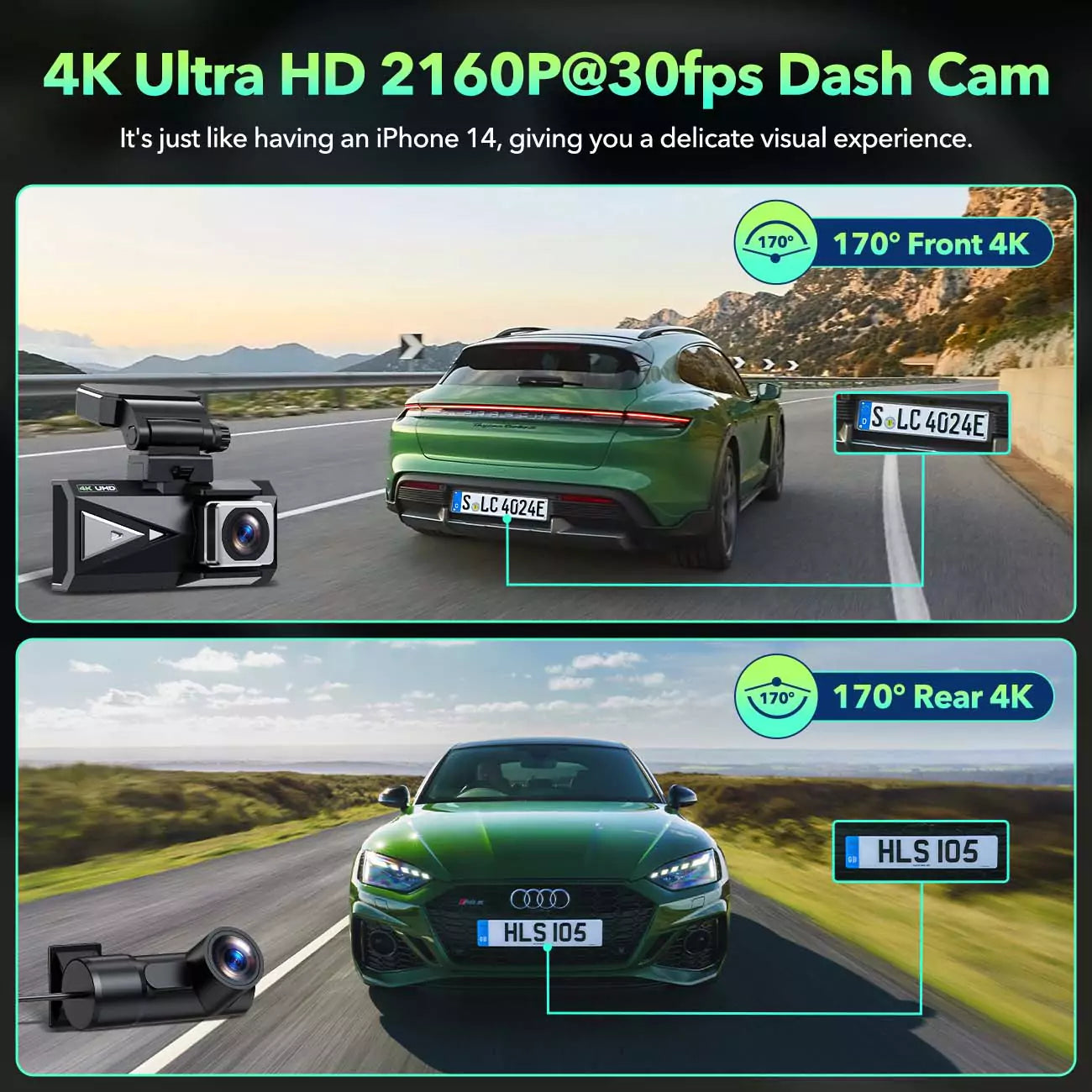 DC19 3.16 Inch IPS Screen 4K+4K Front & Rear WiFi GPS Dash Cam with 128GB SD Card